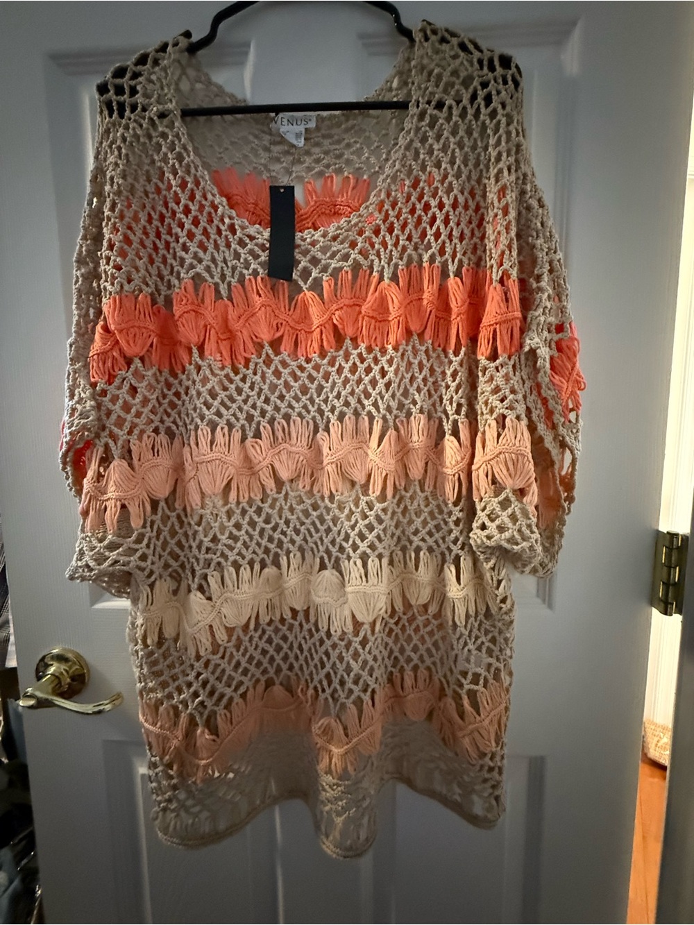 VENUS Crochet Swim Coverup in Beige with Coral and Peach Stripes